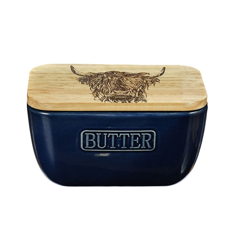 Etched Highland Cow Oak and Ceramic Butter Dish