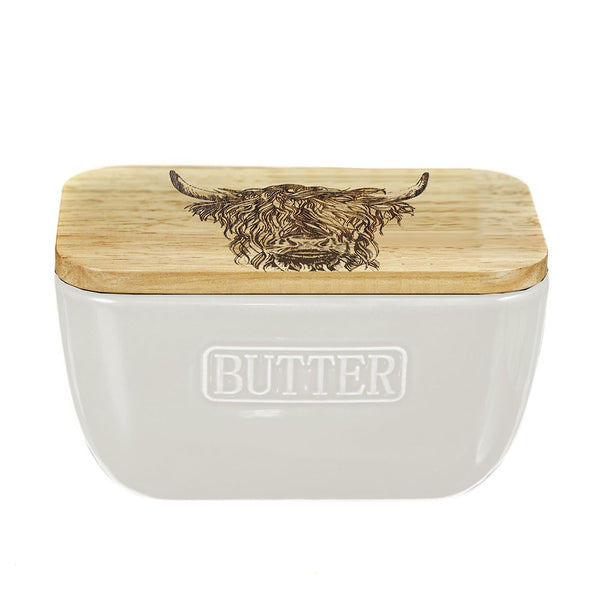 Etched Highland Cow Oak and Ceramic Butter Dish
