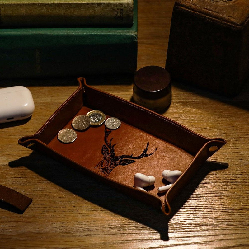 Leather Coin Tray with Stag