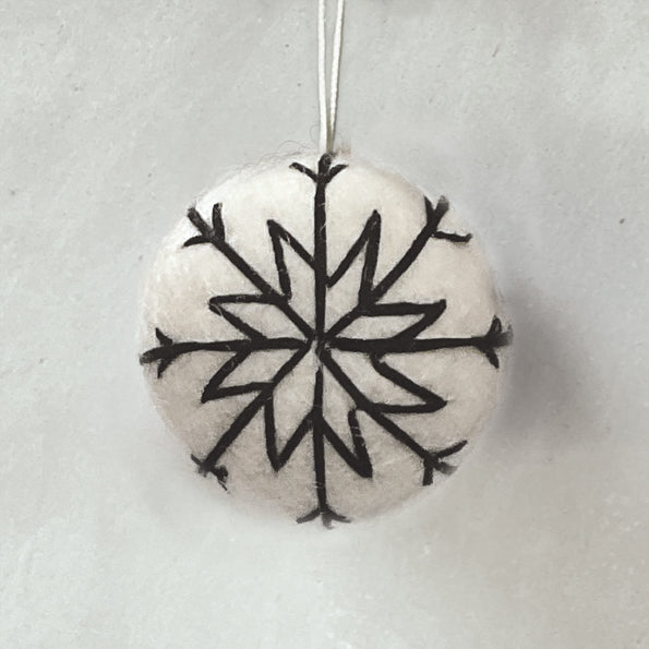 White Felt Bauble with Black Thread Embroidery