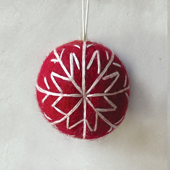 Red Felt Bauble with White Thread Embroidery