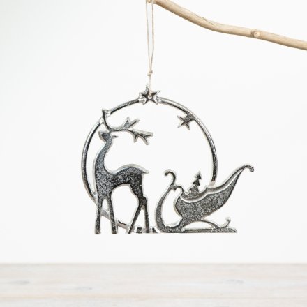 Silver Reindeer & Sleigh Hanging Ornament