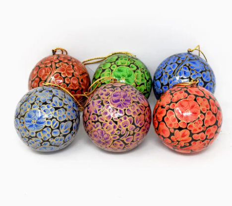 Hand Painted Papier-Mache Floral Christmas Baubles