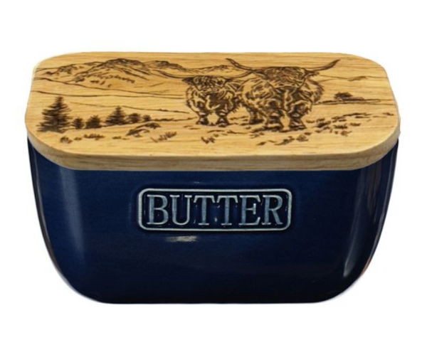 Scenic Highland Cow Butter Dish in Blue