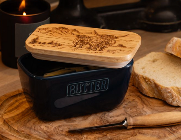 Scenic Highland Cow Butter Dish in Blue