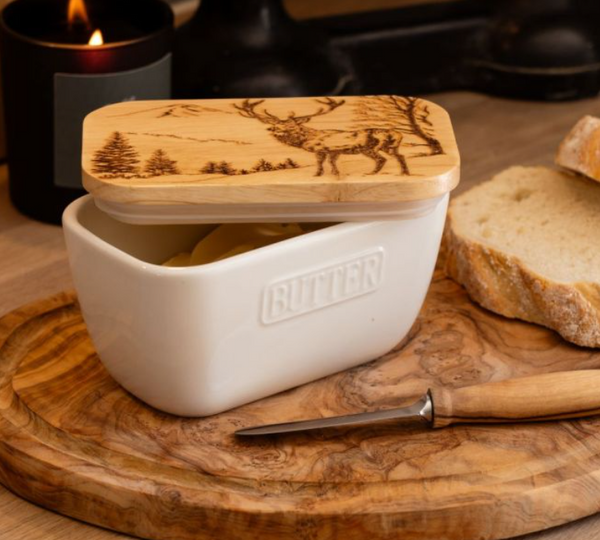 Scenic Stag Butter Dish in White