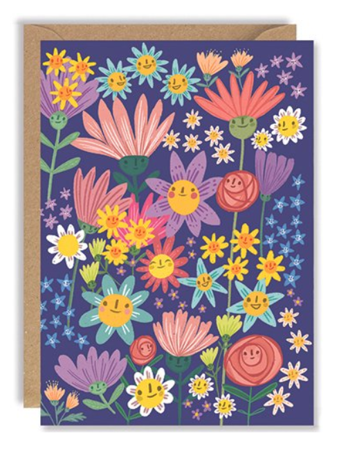 Flower Faces on Purple Card - Greeting Card