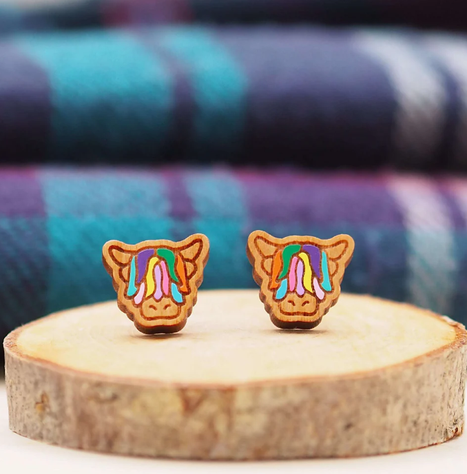 Multi Coloured Highland Cow Stud Earrings