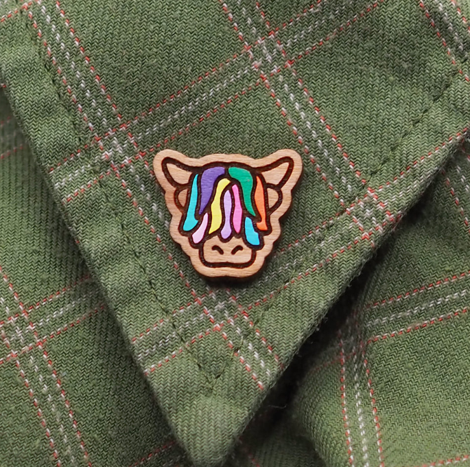 Multi Coloured Highland Cow Wooden Pin