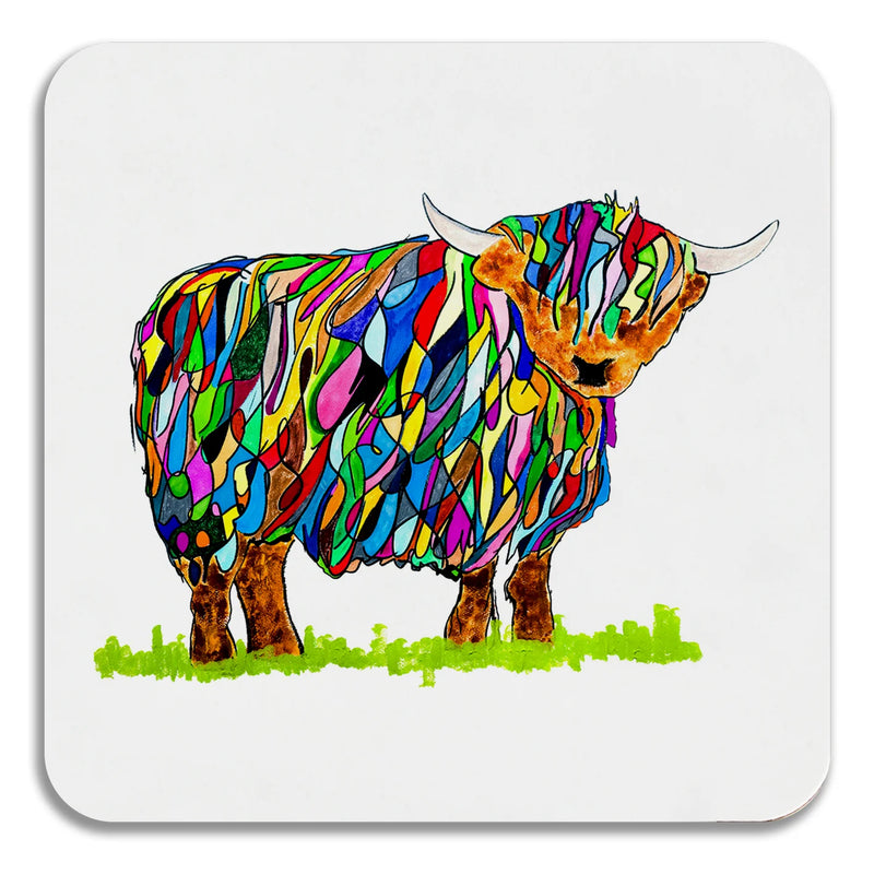 Bright Highland Cow Design on White by Chloe Gardner