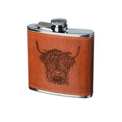 Leather Hip Flask with Engraved Highland Cow