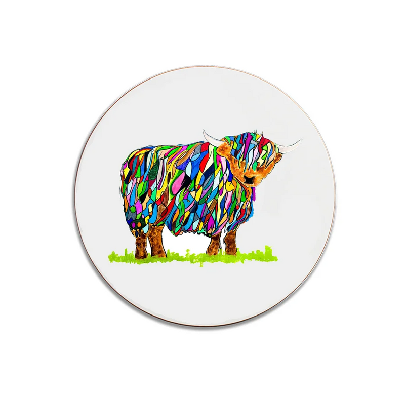 Bright Highland Cow Design on White by Chloe Gardner