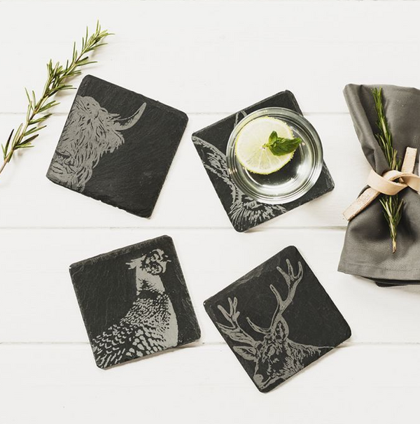 4 Slate Coasters with Etched Country Animals