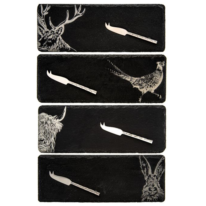 4 Slate Mini Cheese Board and Knife Sets with Etched Country Animals