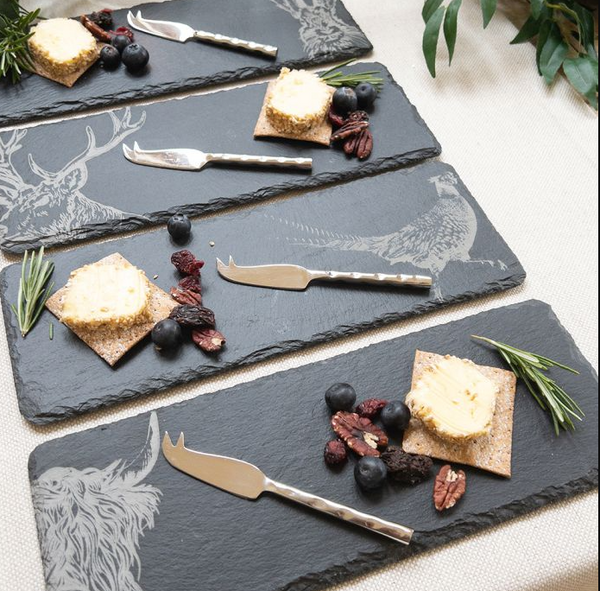 4 Slate Mini Cheese Board and Knife Sets with Etched Country Animals