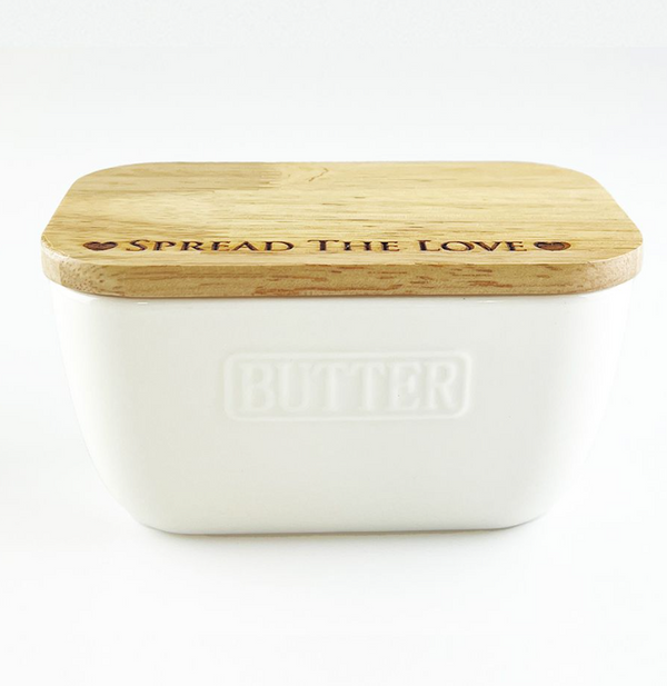 Etched 'Spread the Love' Oak and Ceramic Butter Dish