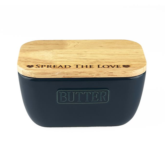 Etched 'Spread the Love' Oak and Ceramic Butter Dish