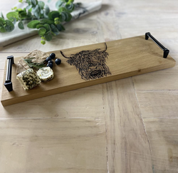 Etched Highland Cow Oak Tray with Black Steel Handles