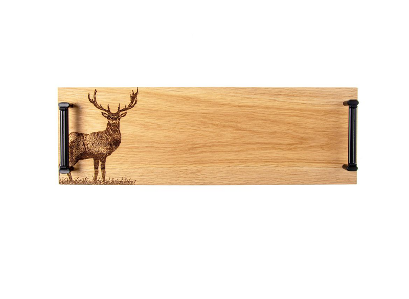 Etched Monarch Stag Oak Tray with Black Steel Handles