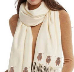 Cashmere Blend Scarf with Highland Cows Design in Cream
