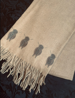 Cashmere Blend Scarf with Highland Cows Design in Beige