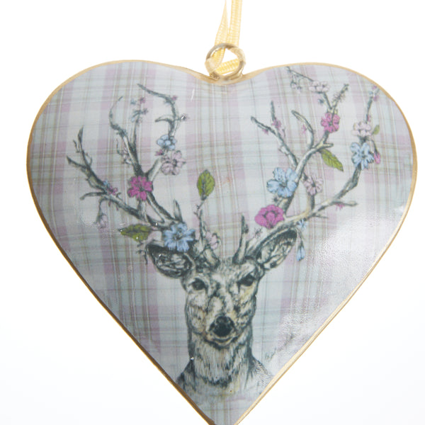 Pink Tartan Stag Metal Heart Decoration by Tinker Tailor