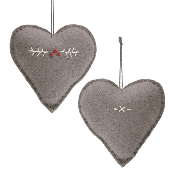 Grey Felt Heart Decoration with Berry Embroidery - Medium