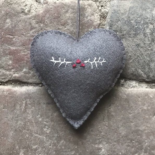 Grey Felt Heart Decoration with Berry Embroidery - Medium