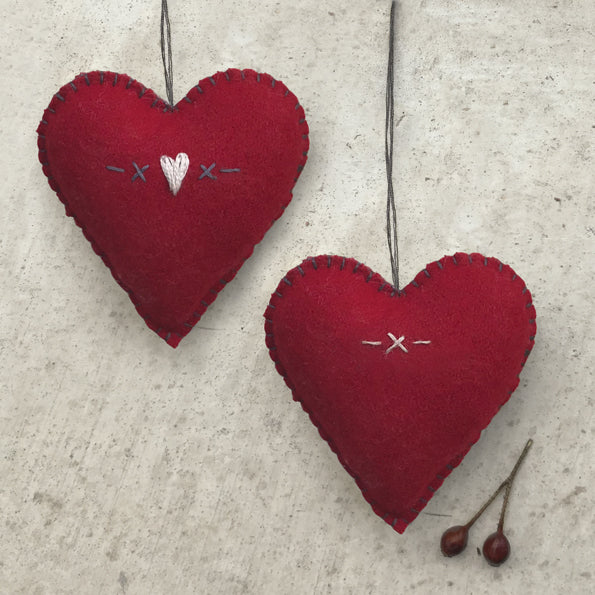 Red Felt Heart Decoration with Heart Embroidery - Medium