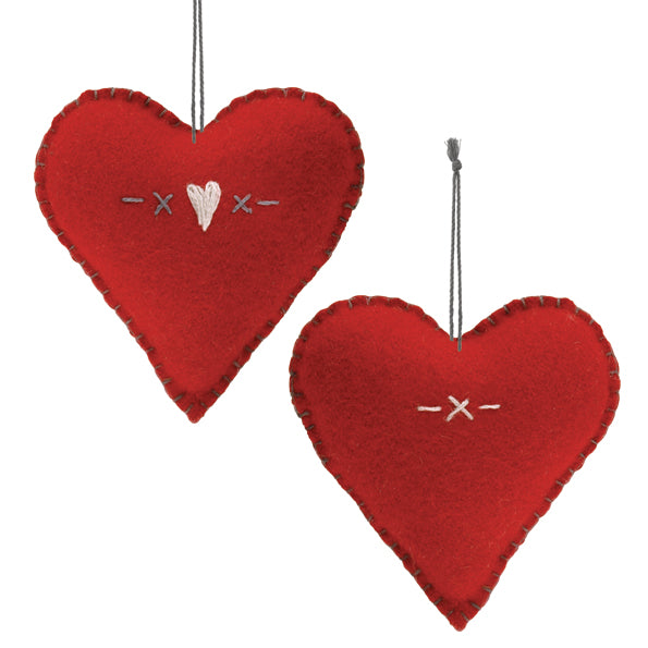 Red Felt Heart Decoration with Heart Embroidery - Medium