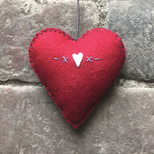 Red Felt Heart Decoration with Heart Embroidery - Medium