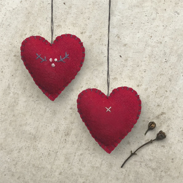 Red Felt Heart Decoration with Berry Embroidery - Small