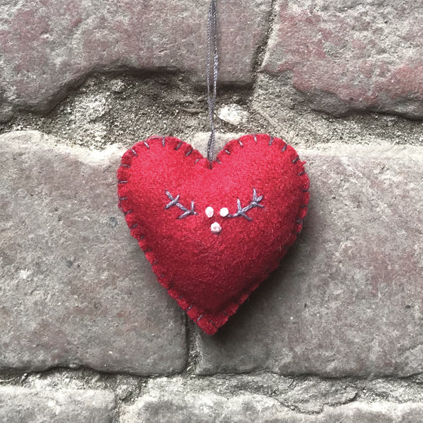 Red Felt Heart Decoration with Berry Embroidery - Small