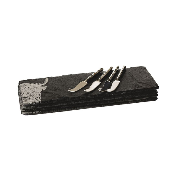 4 Slate Mini Cheese Board and Knife Sets with Etched Highland Cow