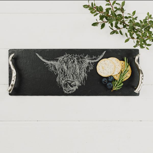 Slate Serving Tray with Etched Highland Cow