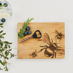 Etched Bee Oak Cutting Board  & Bottle Opener Set